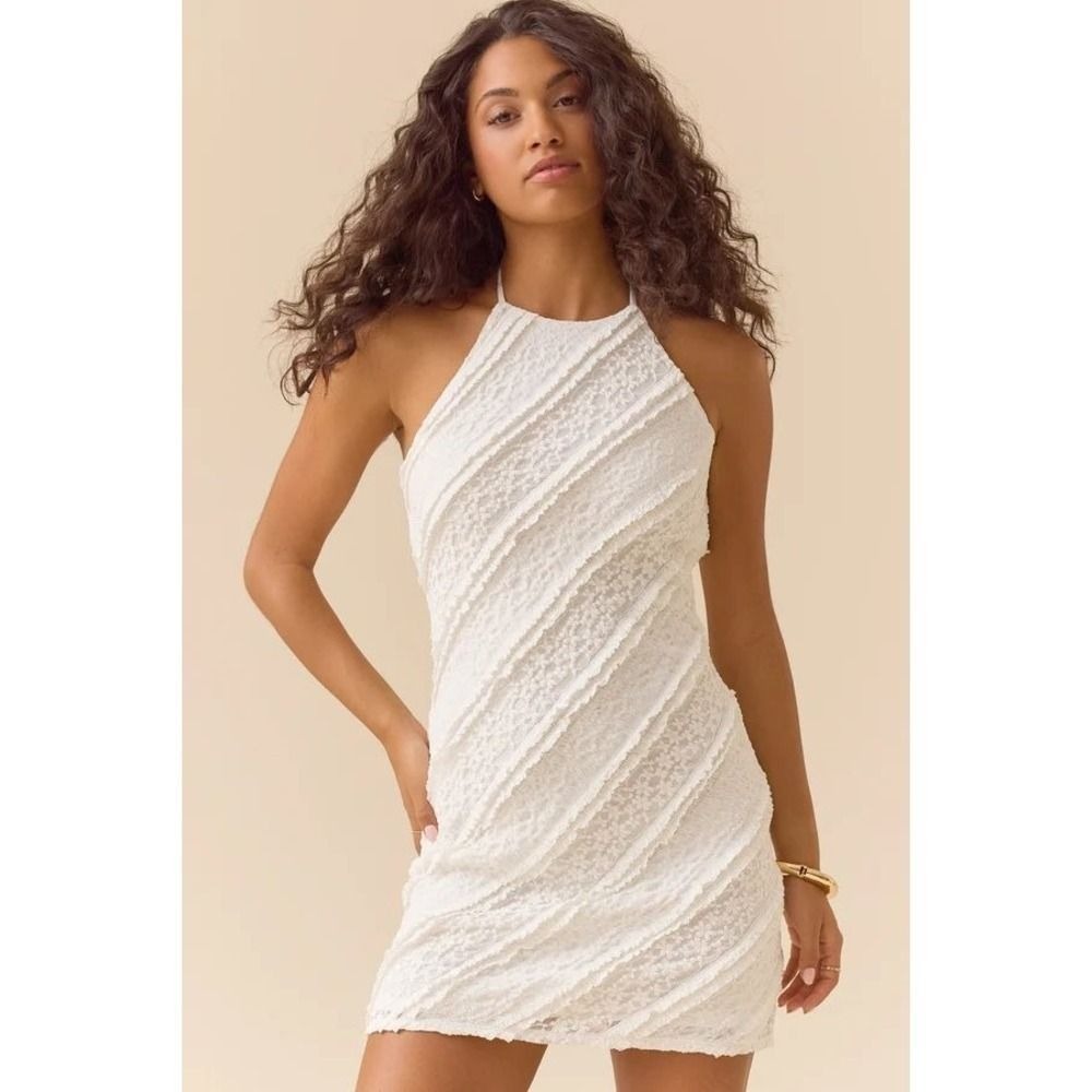 Altar'd State White Lace Halter Mini Dress Open Back Ruffle Tiered‎ Size XXS